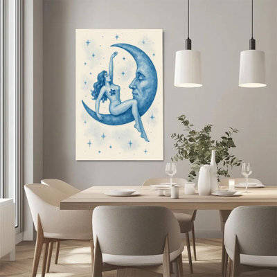 1 pièce, impression sur toile encadrée, déesse de la lune, nouvelle lune et étoiles, aquarelle bleue, style artistique, décoration murale parfaite pour chambre