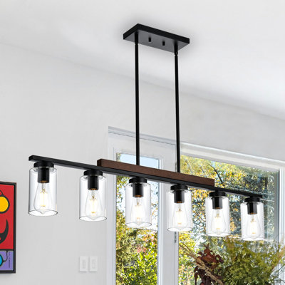 Luminaire de salle à manger au-dessus de la table, îlot de cuisine 6 lumières Farmhouse, lustre en bois moderne à hauteur réglable, grand luminaire suspendu industriel noir suspendu au salon