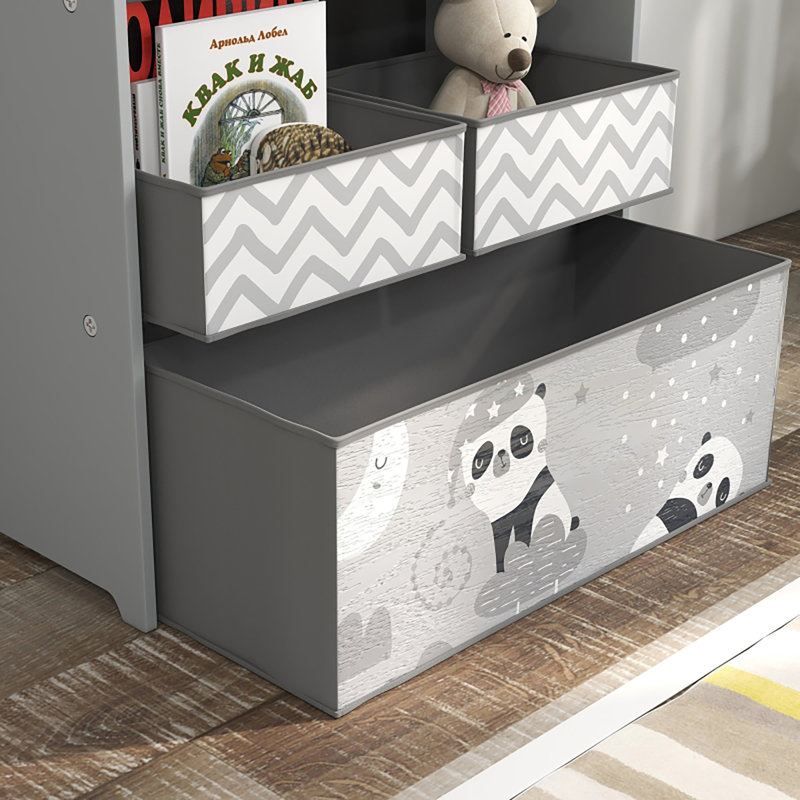 Soft Pink Three Tier Kids Toy Storage Shelf With Six Detachable Non Woven Fabric Bins Printed With Forest Fox Bunny Mountain Rainbow Graphics Low Height Organiser For Nursery Playroom Bedroom Ages Three To Eight
