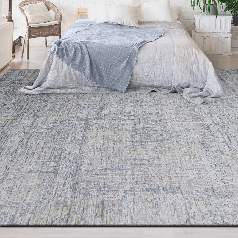 Tapis argent et bleu noué à la main de haute qualité, Rectangle 8 pi x 10 pi