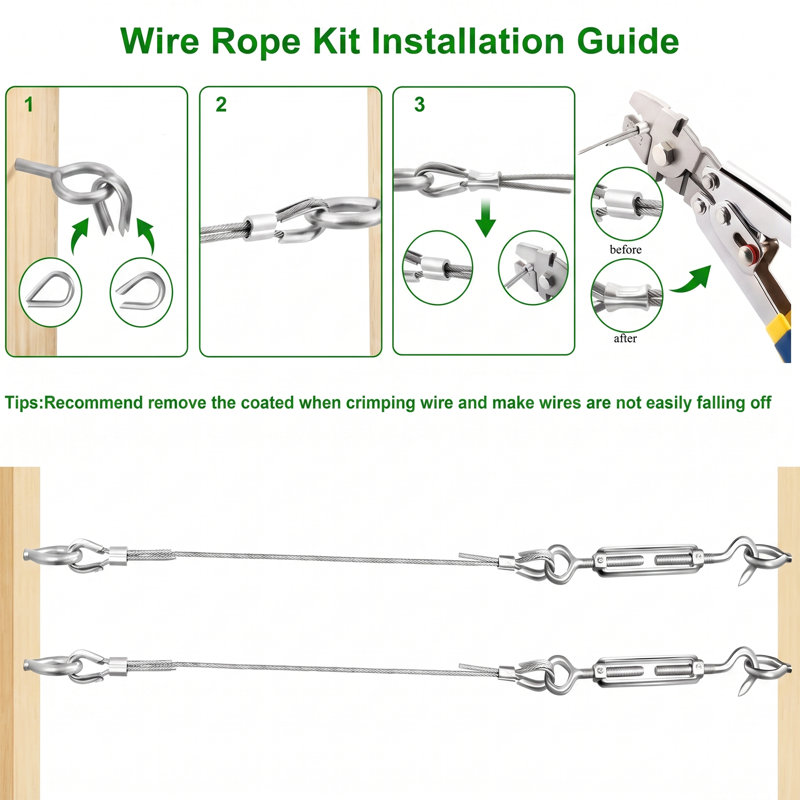 Ensemble de câbles de 100 pi en acier inoxydable 304 revêtu de vinyle de 100 pi, ligne de suspension polyvalente antirouille pour guirlandes de patio, corde à linge, treillis pour plantes grimpantes et cordons de rideau