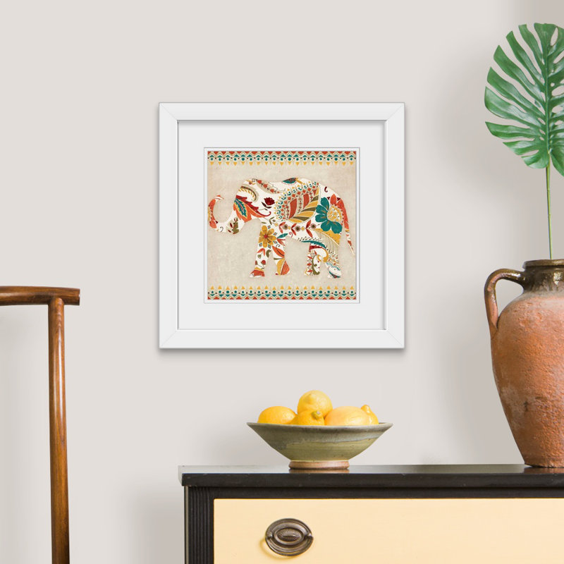 « boho éléphant ii », reproduction d’art, Cadre blanc, H 20" x l 20" x P 1"