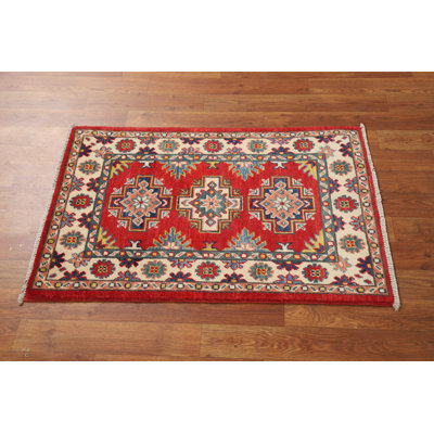 Red Wool Geometric Kazak Oriental Accent Rug 2x3