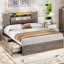Cadre de lit de style campagnard avec tête de lit double avec porte de grange et lit rustique en bois avec 4 tiroirs et lumières DEL-1220050895-1218237130