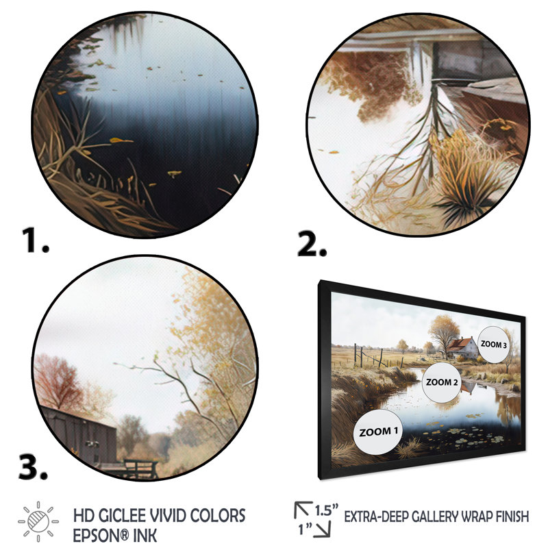 Petite rivière à la ferme II - art mural sur toile, H 24 po x l 32 po x P 1 po, Cadre noir