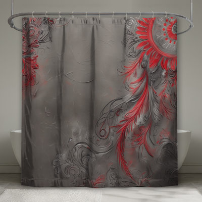 Red Gray Floral Swirls Shower Curtains Extra Long
