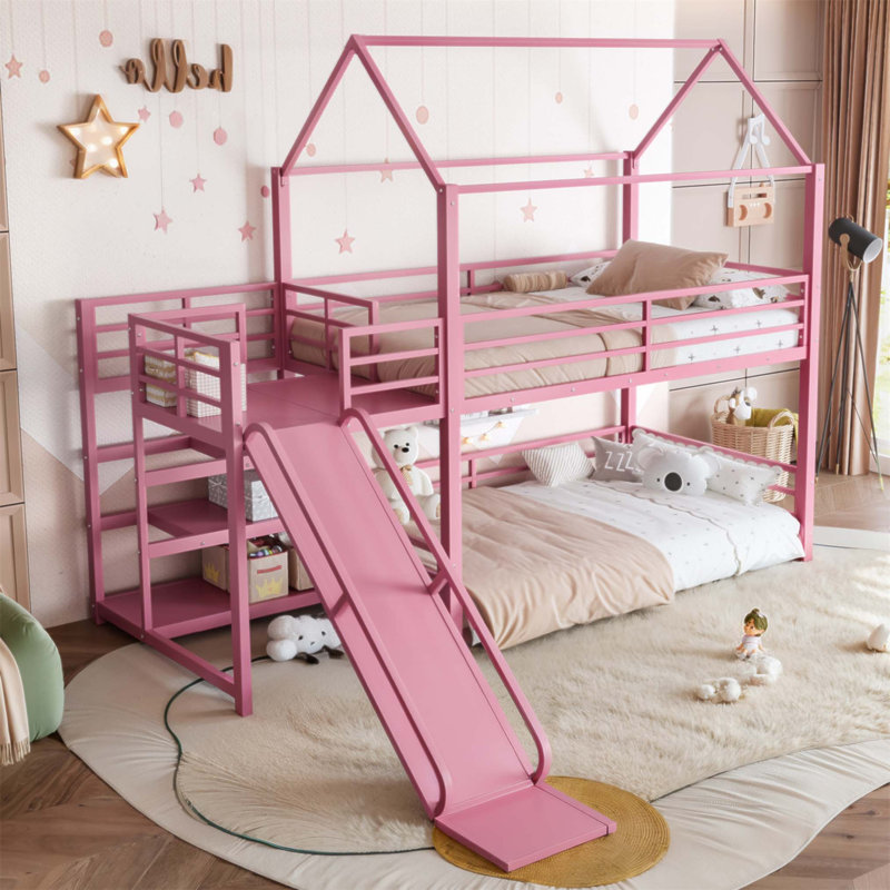 Lit superposé simple en métal avec escalier de rangement, glissade et rails de sécurité pour enfants (sans matelas), Rose