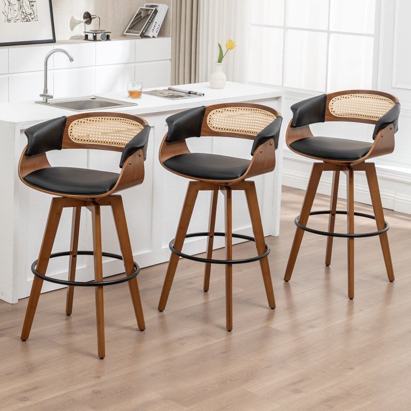 Swivel Upholstered Cane Back Bar Stools (Set of 3), Bar Stool (29.52" Seat Height), Black, 3