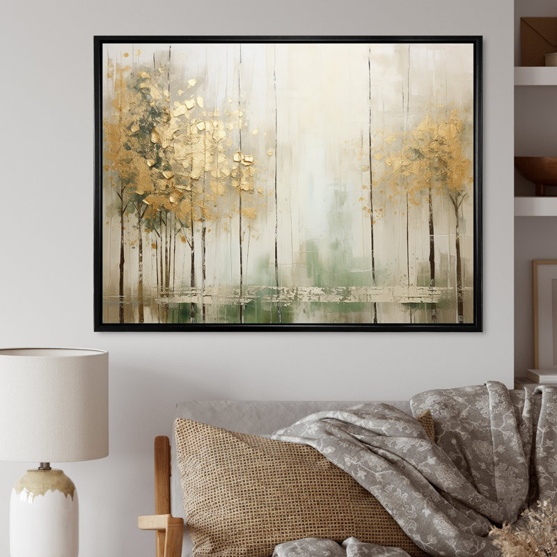 «Minimalisme beige et forêt dorée II», reproduction d'art sur toile, H 16 po x l 32 po x P 1 po, Cadre flottant noir