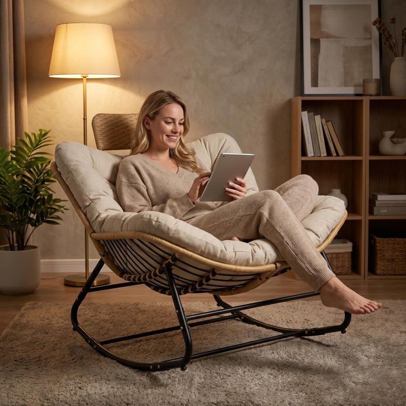Chaise berçante en osier 39,37 "avec coussin en coton épais et appui-tête en rotin, Coussin kaki + rotin + métal