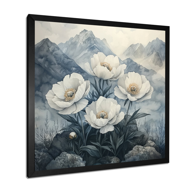 Goldena pivoines dans les montagnes brumeuses II - pivoines, art mural, H 16 po x l 16 po, Noir, noir, noir, noir