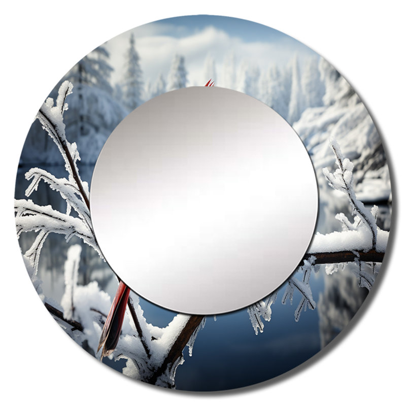 Shanise Canada, oiseau cardinal rouge Winter Wonderland V - Canada grand miroir, décor de miroir mural rond rouge unique, impression d'art en métal