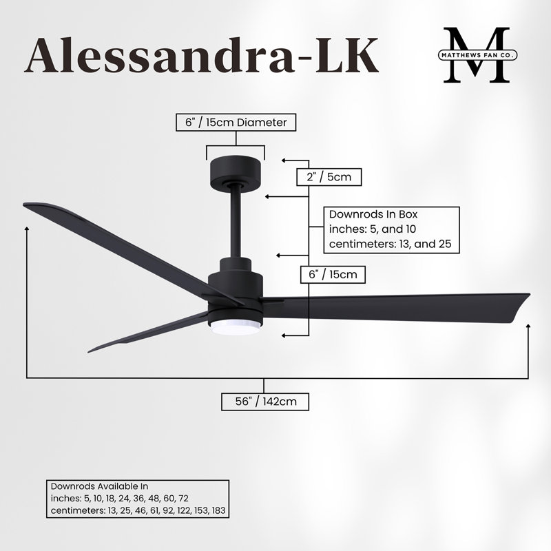 Alessandra - Three Blade Transitional Ceiling Fan -LED, Matte Black, Matte Black, 56"