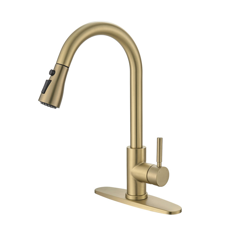 Nickel Gold Kitchen Faucet With Deck Plate And Pull Out , Single-Handled, 360 Rotating Mist Spray, Ceramic Filler, Stainless Steel, Modern Sink & Single Handle, Swiveling Spray Junction, Contemporary