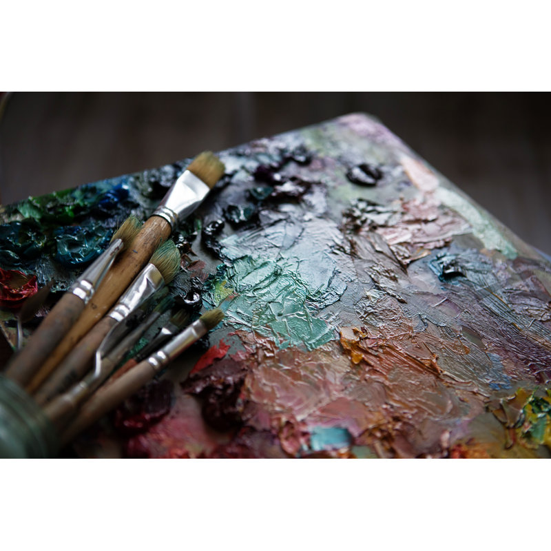 Artists Brushes And Oil Paints On Wooden Palette by Nata_zhekova - Wrapped Canvas Print, 30cm H x 46cm W x 3.8cm D