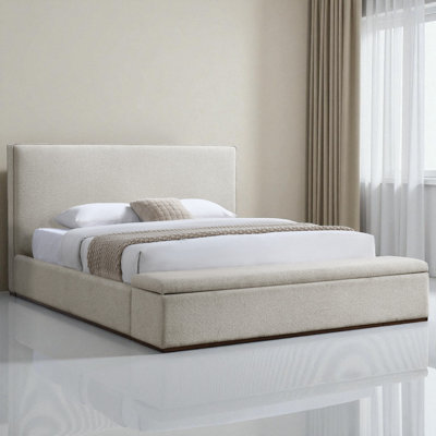 Modern Upholstered EK Bed With Storage In Beige Linen Fabric