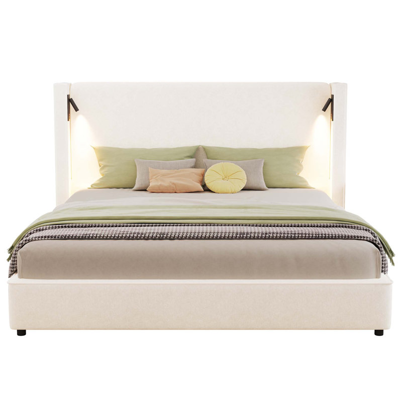 Upholstered Bed Frame with High Wingback Headboard,Reading Lamp and USB port, King