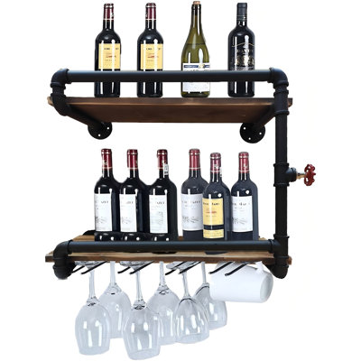 Industrial Wall Mounted Wine Racks with 4 Stem Glass Holder,2-Tiers Floating Bar Shelves Bottle Holder Storage Shelves