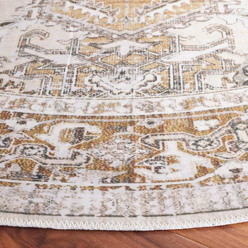 Carrew Machine Washable Non-Slip Area Rug in Beige & Gold, Round 183cm