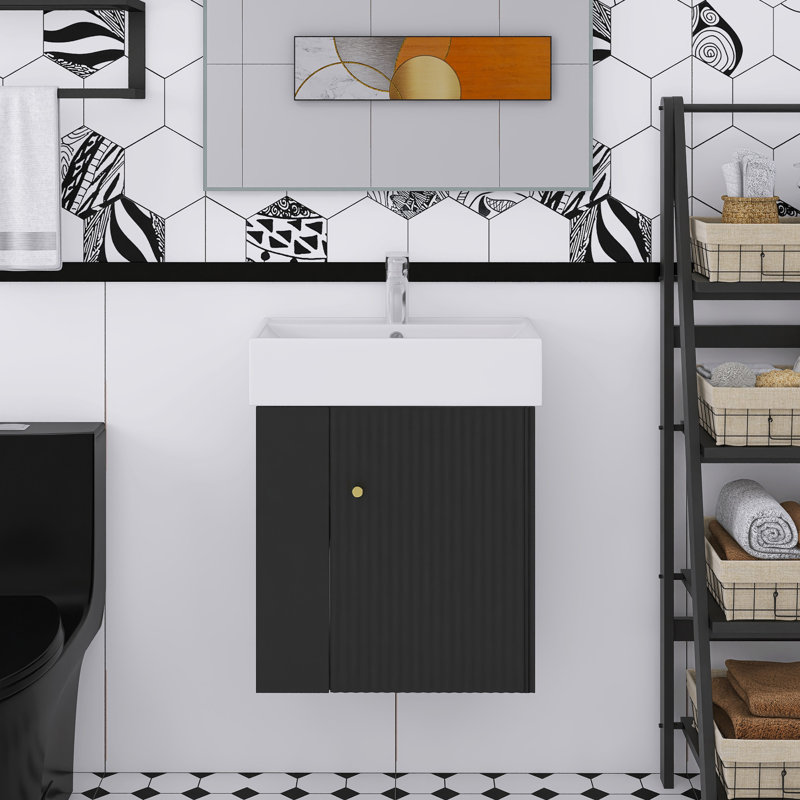 22" Wall-Mounted Bathroom Vanity With Ceramic Sink Left Side Storage, Black