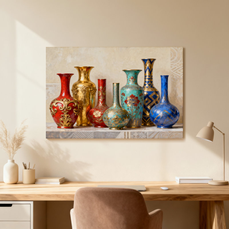 Motif décoratif de vases ornés colorés, H 12 po x l 18 po, Grain de bois beige, Impression encadrée sans passe-partout