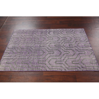 Tapis mauve en laine noué à la main de conception unique 3 pi 7 po x 5 pi 7 po