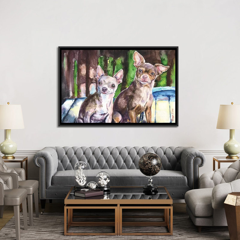 « chihuahuas », reproduction sur toile, H 18 po x l 26 po x P 1,5 po, Toile avec cadre noir, Pas de tapis