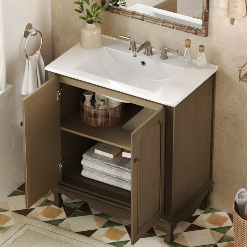 Caspian 30" Vintage Bathroom Vanity With Ceramic Sink & Adjustable Shelves, Antique Brown