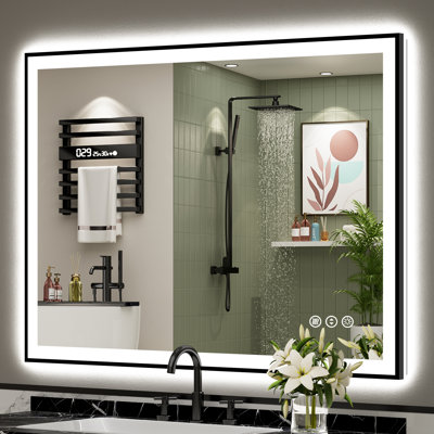 Miroir de salle de bain matte encadré noir matel avec lumières, éclairé à l'avant et à l'arrière, fonction mémoire, 3 températures de couleur, éclairage à intensité variable et miroir en verre trempé anti-buée homologué ETL