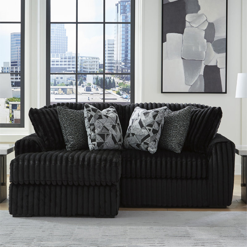 Canapé modulaire 2 pièces avec méridienne Midnight-Madness, Polyester noir, Orienté à gauche (vu de face)