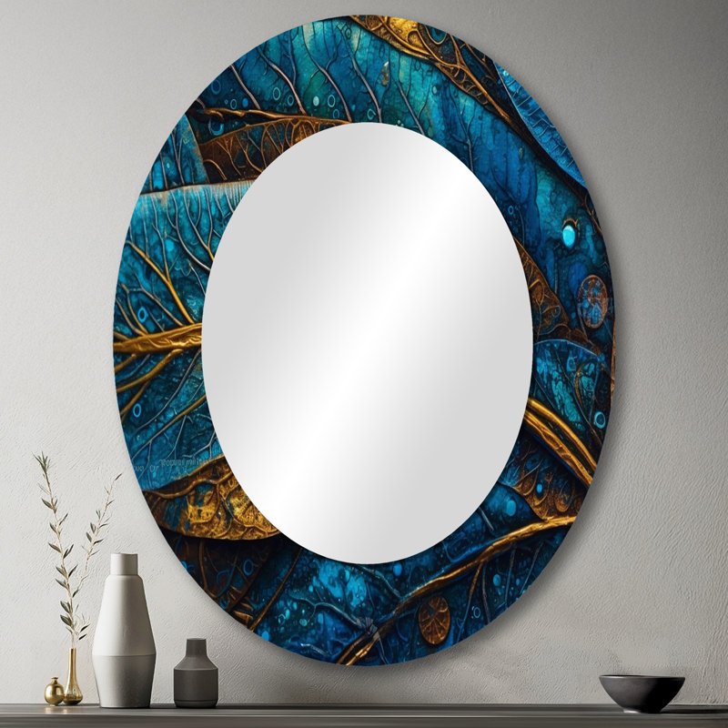«Rahab Blue and Gold Melody Of Boho I», miroir décoratif en plumes Boho, miroir mural traditionnel, impression d'art en métal