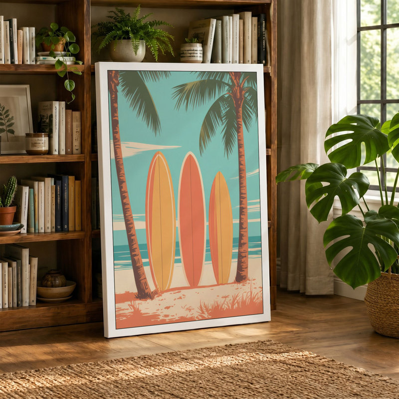 Surfboards at Sunset Coastal - Wrapped Canvas, 36x24 - 91.4 x 61.0 cm, Teal Border