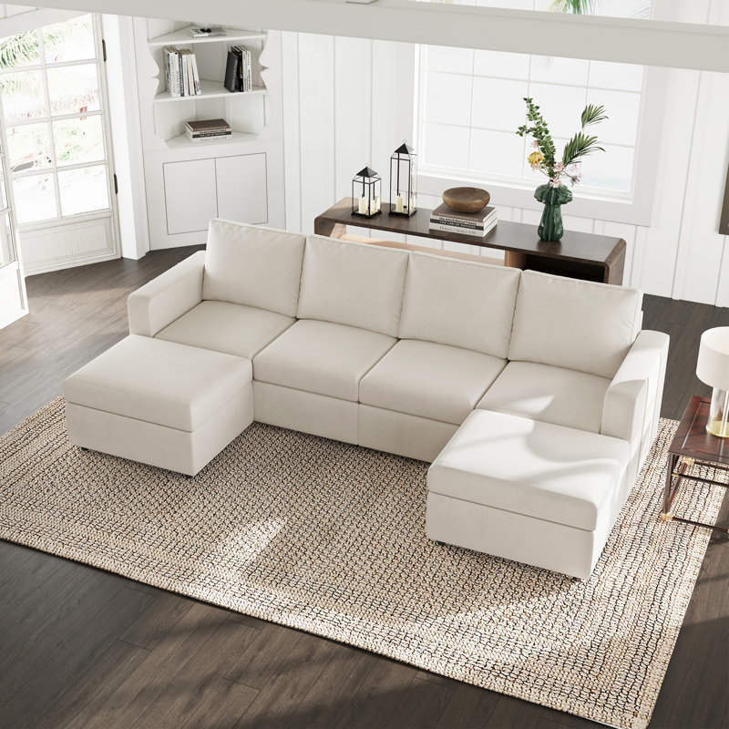 Canapé modulaire rembourré avec rangement Rafael, Velours beige