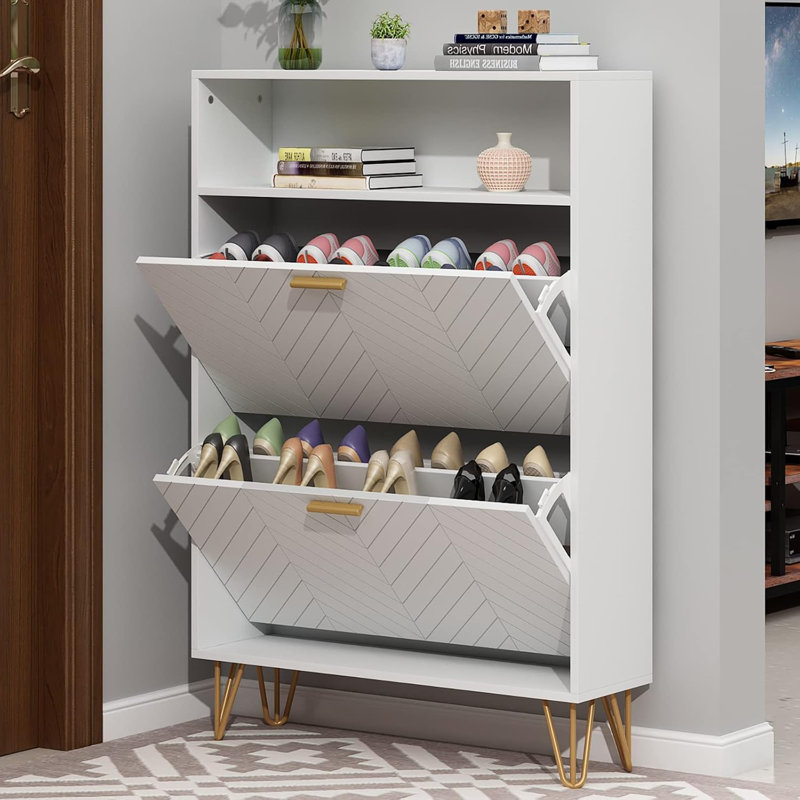 Shoe Cabinet, Freestanding Tipping Bucket Shoe Storage Cabinet With 2 Flip Drawers, Modern Entryway Shoe Rack With Storage Top Cubby, Narrow Slim Hidden Shoe Organizer With Doors (White)
