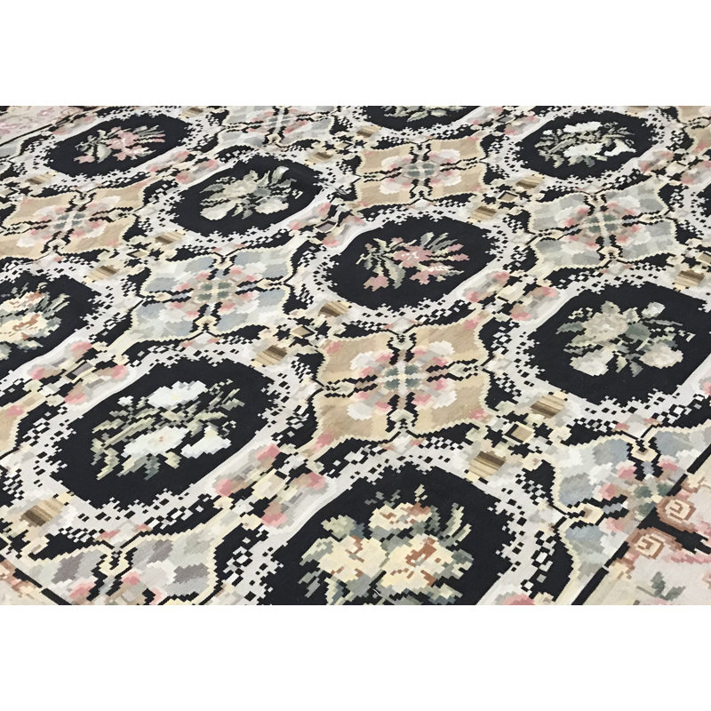 Hand-Knotted High-Quality Black and Beige Area Rug