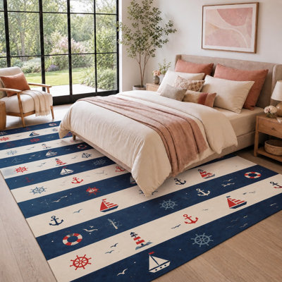 1Pcs Nautical sailboat lighthouse anchor marine theme striped rug, washable and easy to clean, thin large, non-slip backing, suitable for living room, bedroom, kitchen, office indoor use for home detor