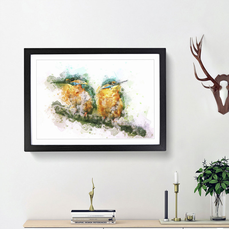 Pair of Kingfisher Birds in Abstract - Picture Frame Graphic Art Print on MDF, 27cm H x 36cm W x 2cm D, Black Framed