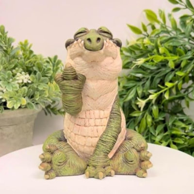 Figurine fantaisiste alligator hilare levant le doigt du milieu |  Statue de jardin intérieur / extérieur
