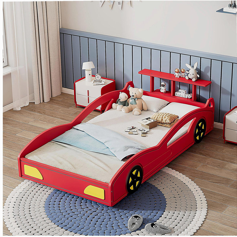 Lit de voiture de course en bois, lit plateforme simple en forme de voiture avec roues pour adolescents, Rouge