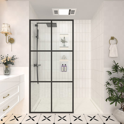 34 In. W X 72 In. H Fixed Framed Shower Door In Matte Black Finish With Patterned Glass