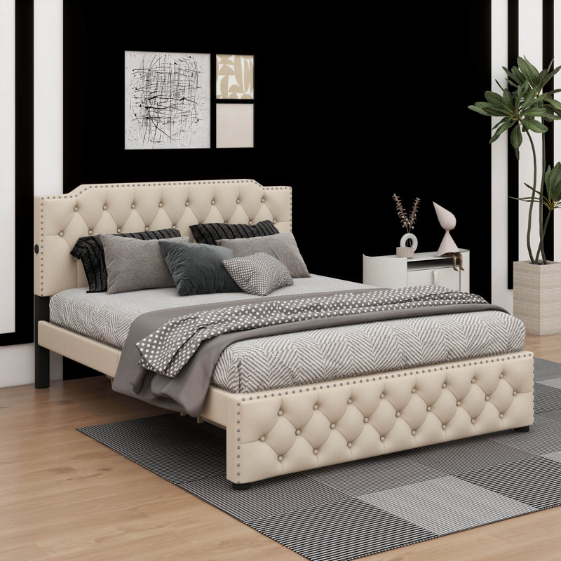 Grand lit plateforme tapissier avec lit gigogne intégré et ports USB doubles, Beige