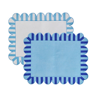 Embroidered Linen Scalloped Stripe Double-Sided Placemats