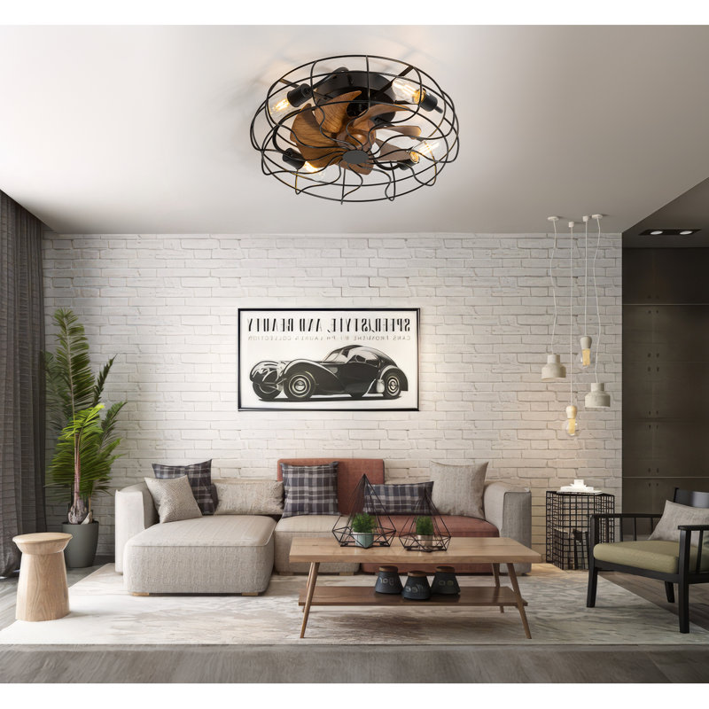 Jernisha 19" Caged Enclosed Low Profile Ceiling Fan with Lights and Remote Control, 19", Brown, Black