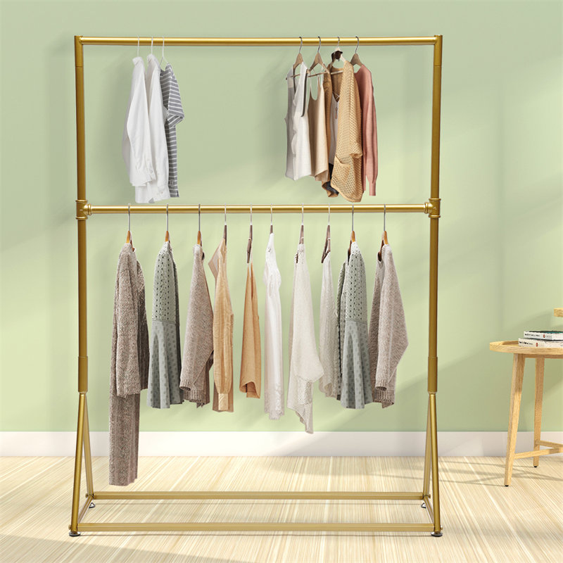 Freestanding Metal Clothes Rack 2 Tier Iron Retro Gold Portable Garment Rack