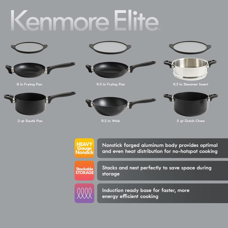 Kenmore Elite 9-Piece Black Nonstick Aluminum Stackable Cookware Set