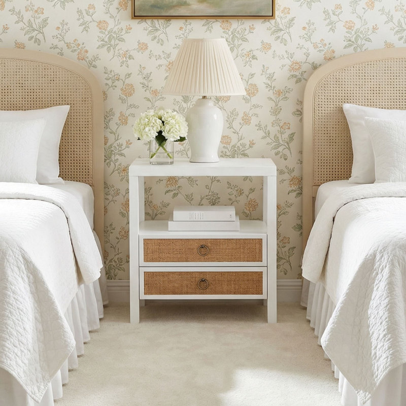 Clive 2 Drawer Nightstand 22"W With Shelf And Cane Doors, White, White