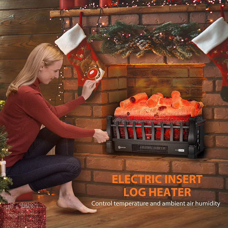 Electric Fireplace Log Set Heater with Glowing Ember Bed and Remote Controller, Black