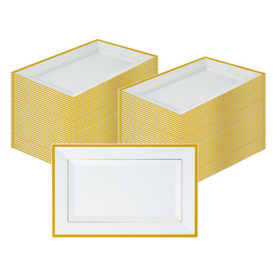 Restaurantware Rectangular Serving Plates 10 Count 12.5 x 8.25 Inch Gold-Rimmed Plastic White Disposable Buffet Plates Greaseproof Elegant Dinner Plates Warm and Cold Food Friendly