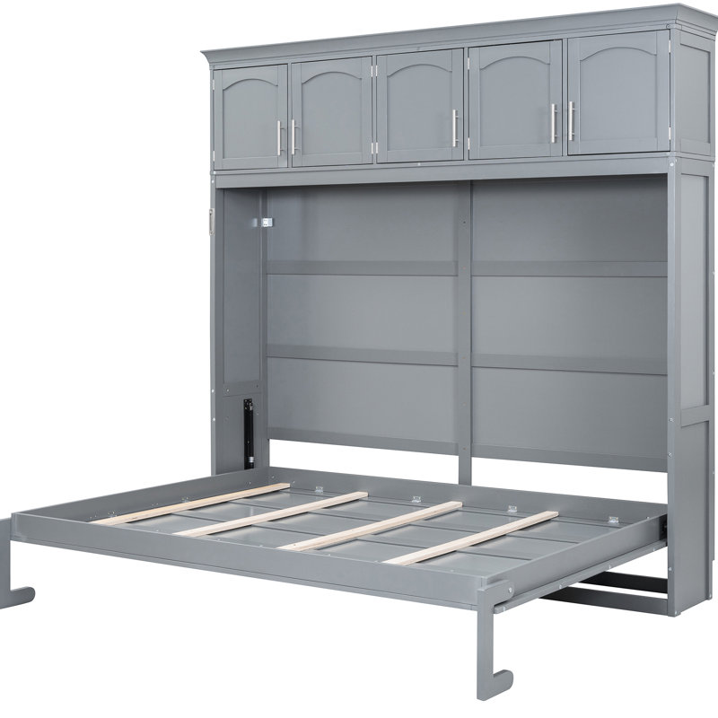Lit double gris, idéal pour les espaces multiples, espace et lit confortable avec armoires supérieures, bureau personnel, support de matelas