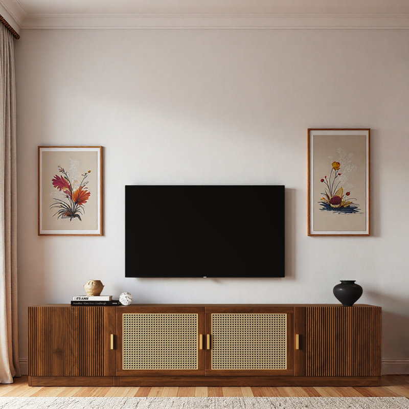 Retro Tv Stand With Rattan Doors And Adjustable Shelves